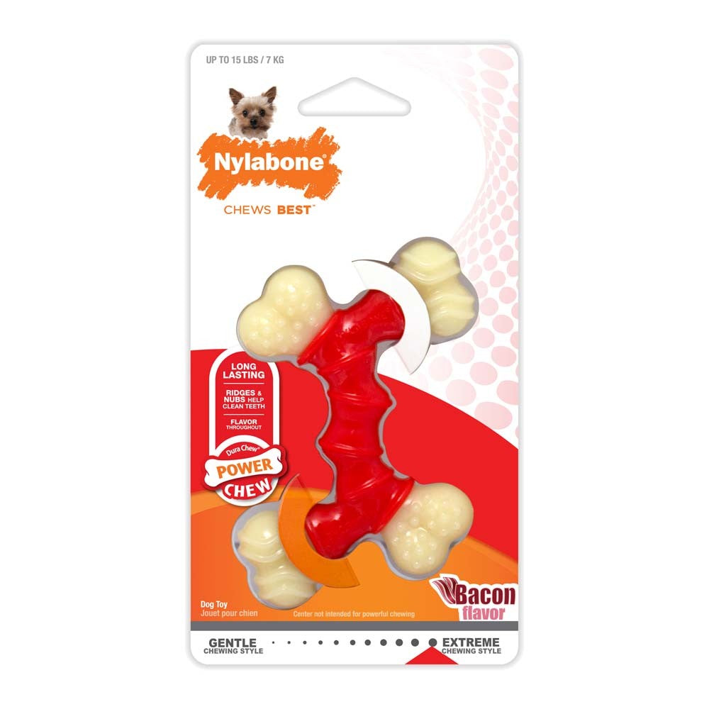 Nylabone Power Chew Double Bone Bacon Dog Chew Toy Peanut Butter 1ea/XS/Petite - Up To 15 lb for your Pet Dog with Pet Store X.