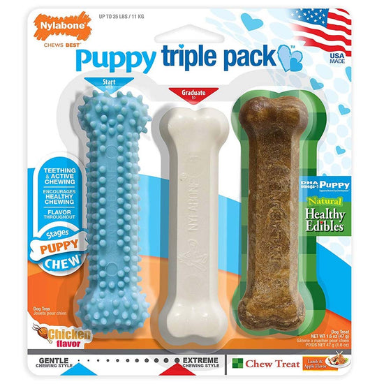 Nylabone Puppy Chew Variety Toy  Treat Triple Pack 3 count, SMall/Regular  Up To 25 Ibs for your Pet Dog with Pet Store X.