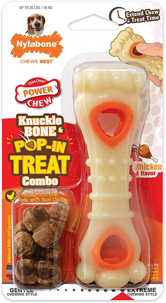 Nylabone Power Chew Knuckle Bone & Pop-In Treat Toy Combo Chicken Pop-In 1ea/Medium/Wolf - Up To 35 lb