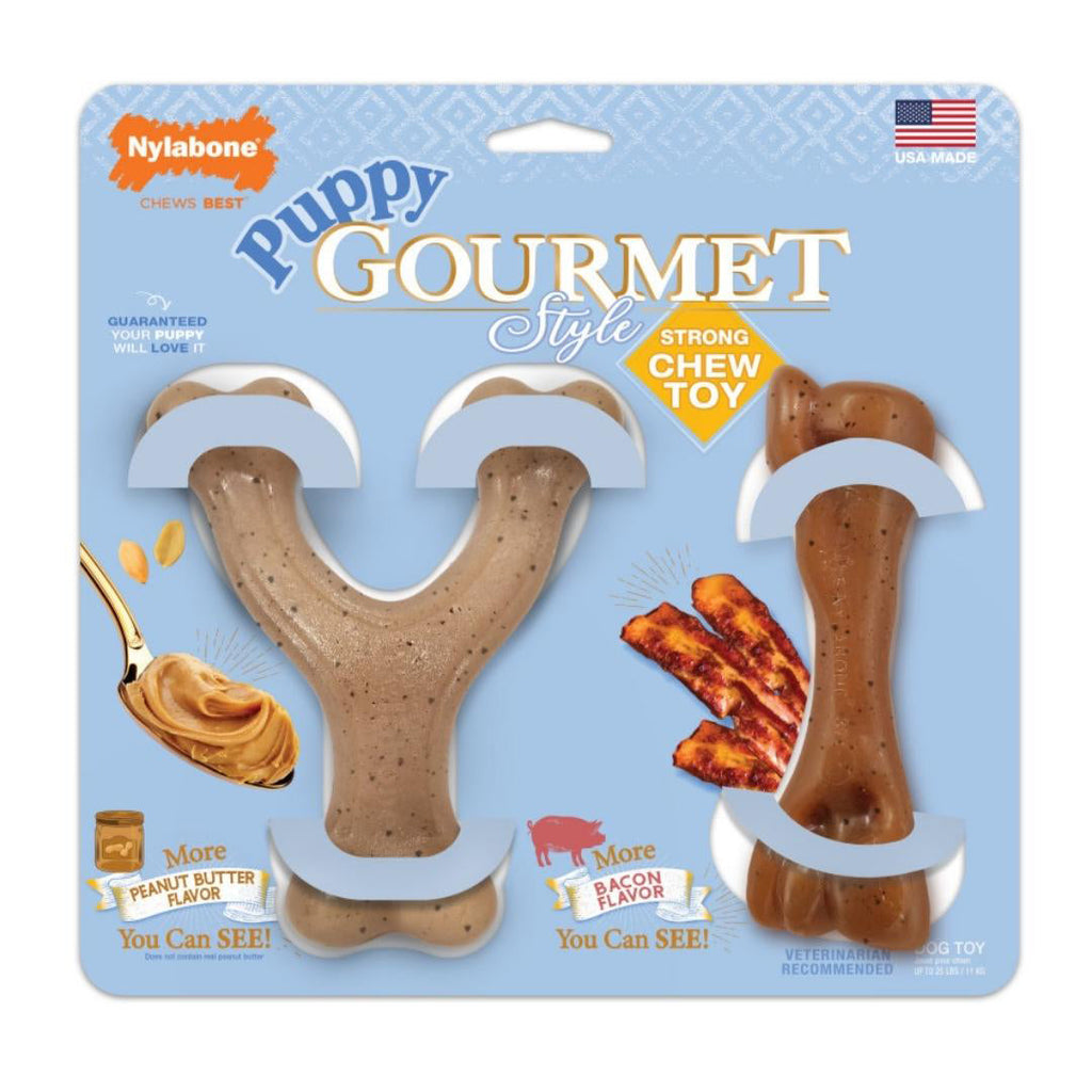 Nylabone Gourmet Style Puppy Chew Toy Twin Pack Bacon, Peanut Butter 1ea/SMall/Regular - Up To 25 Ibs.