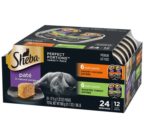 Sheba Perfect Portions Pate Wet Cat Food Variety Pack (Savory Chicken, Roasted Turkey) 2ea/26 oz, 12 pk for your Pet Cat with Pet Store X!