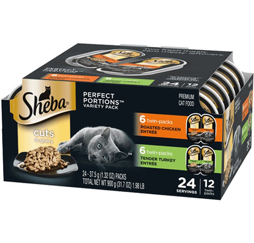 Sheba Perfect Portions Cuts in Gravy Wet Cat Food Variety Pack (Roasted Chicken, Tender Turkey) 2ea/26 oz, 12pk  (2 pack) for your Pet Cat with Pet Store X!