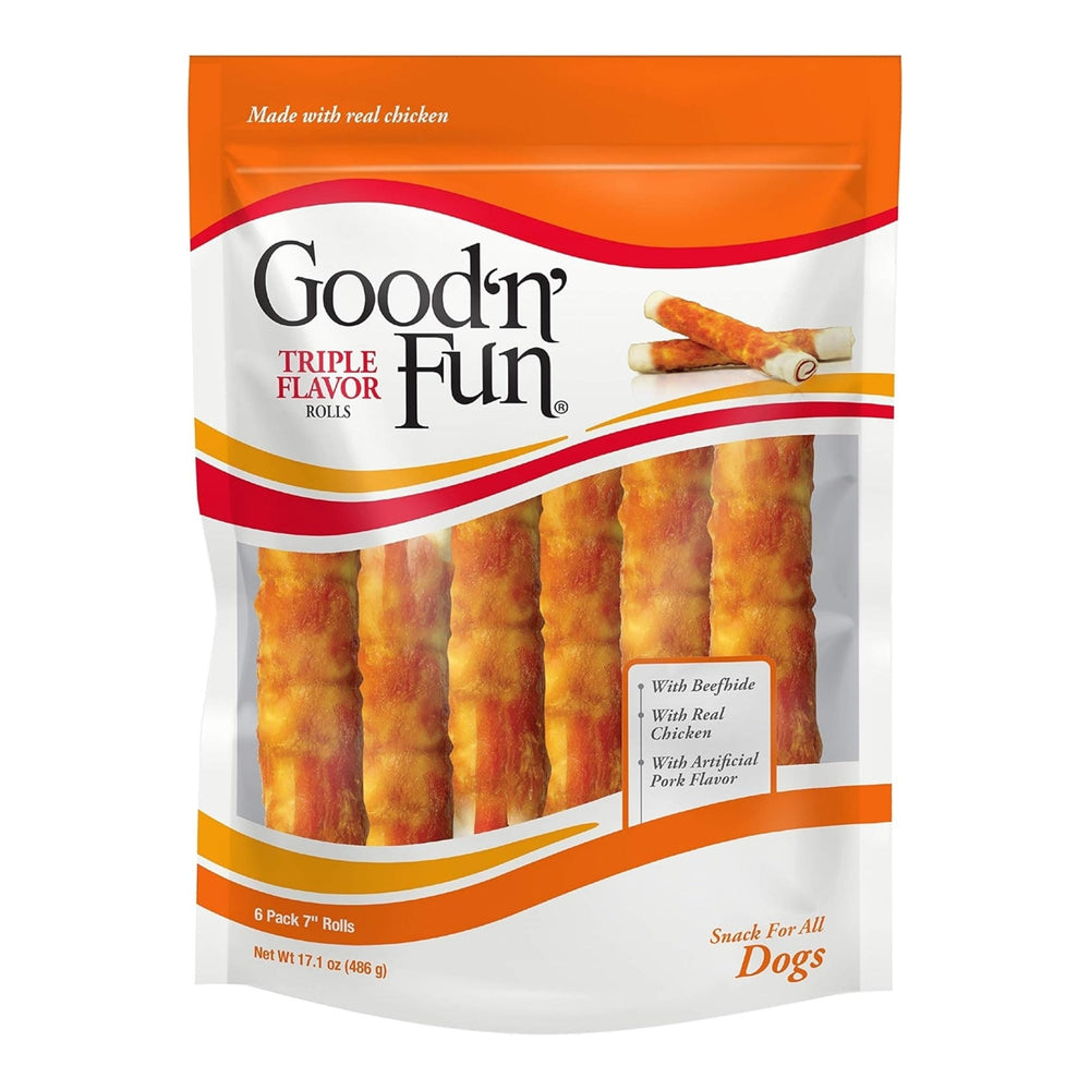 Good 'N' Fun Triple Flavor Rolls Pork/Beef/Chicken 7 In-6 Pack for your Pet Dog with Pet Store X!