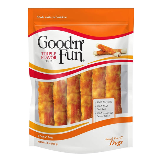 Good 'N' Fun Triple Flavor Rolls Pork/Beef/Chicken 7 In-6 Pack for your Pet Dog with Pet Store X!