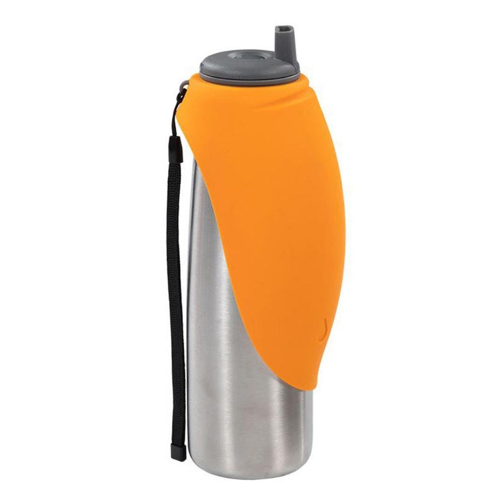 Messy Mutts Dog Double Stainless Travel Water Bottle Silicone Flip Bowl 20oz. 600Ml Orange