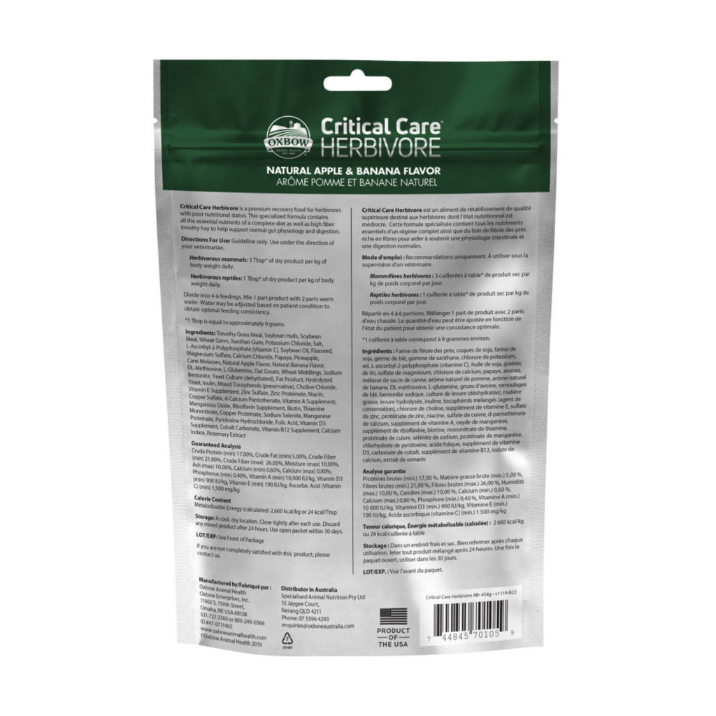 Oxbow Animal Health Critical Care Herbivore Feeding Formula 454g, Apple  Banana, 1ea/16 oz