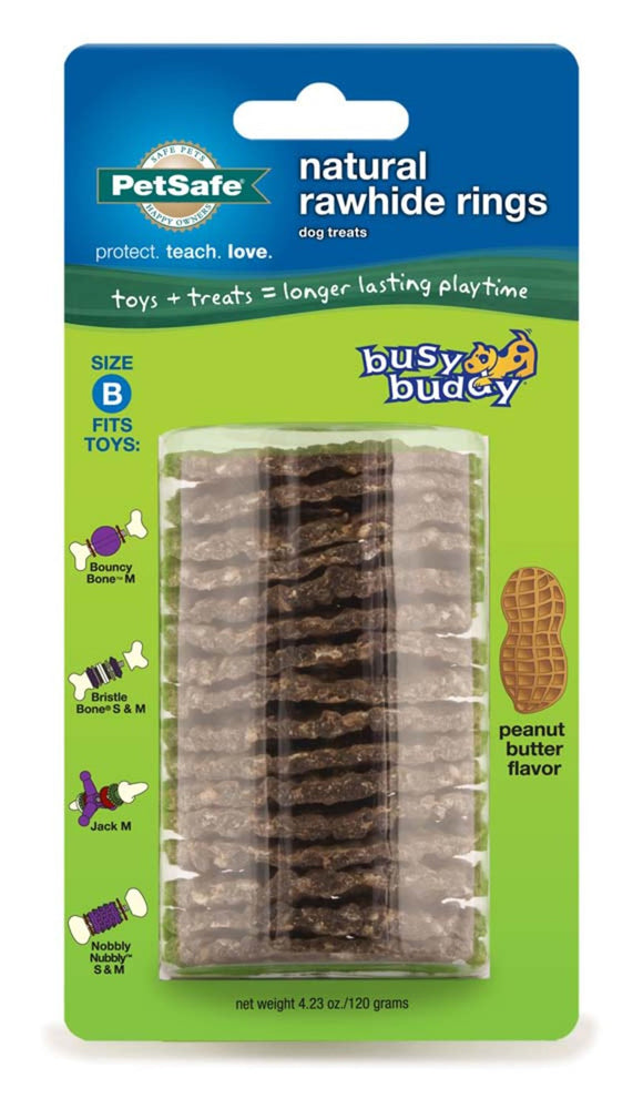 Busy Buddy Natural Rawhide Rings Peanut Butter 1ea/LG, Size C