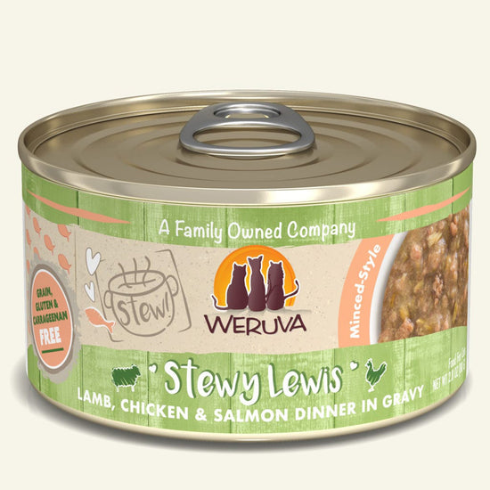 Weruva Cat Stewy Lewis Lamb; Chicken and Salmon Dinner in Gravy 28oz (Case of 12) for your Pet Cat with Pet Store X!