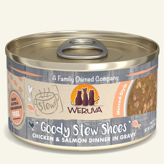 Weruva Cat Stew! Goody Stew Shoes Chicken and Salmon Dinner in Gravy 28oz (Case of 12) for your Pet Cat with Pet Store X!