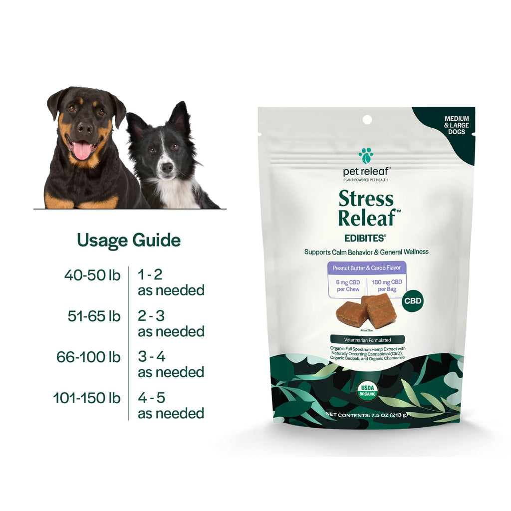 Pet Releaf Stress Edibites Cbd Medium/Large Dog 7.5oz. Peanut Butter Carob 6Mg