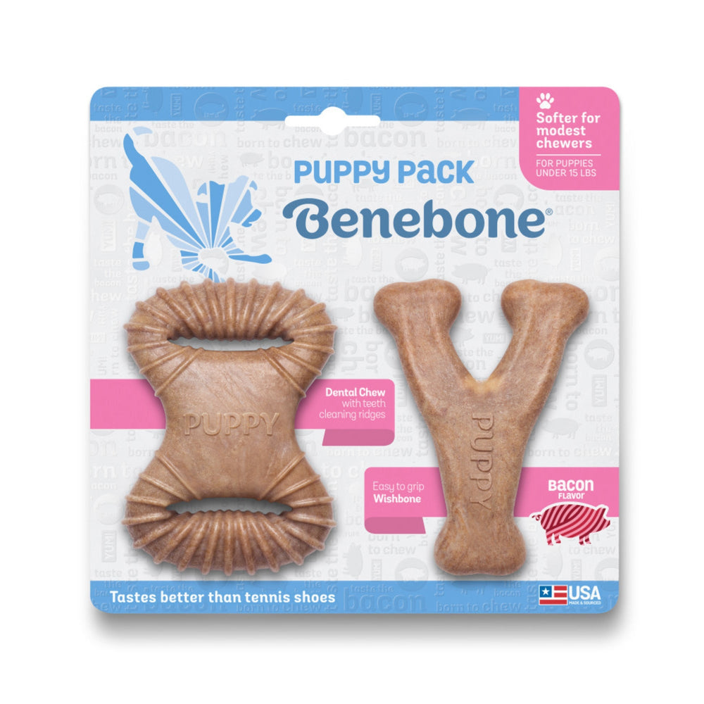 Benebone Puppy Pack Dental Chew & Wishbone Dog Chew Toys Bacon, 1ea/XS|2 pk for your Pet Dog with Pet Store X.