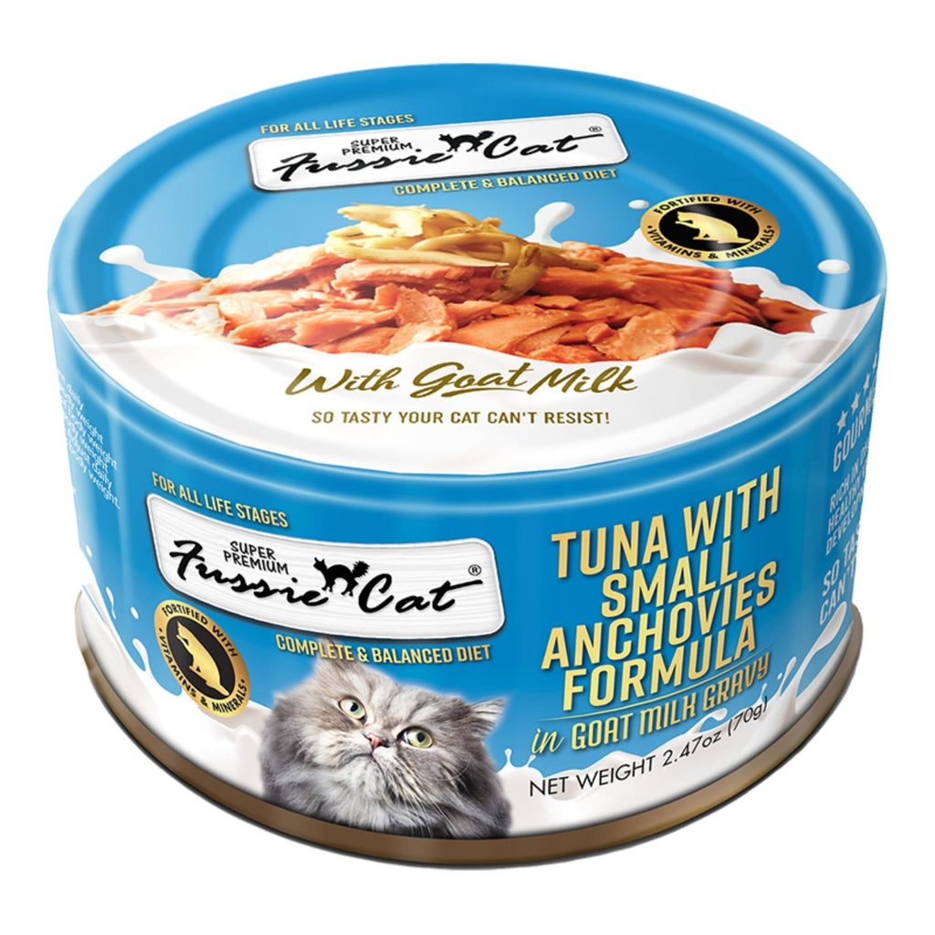 Fussie Cat Premium Tuna with Small Anchovies in Goat milk Gravy 2.47oz. (Case of 24)