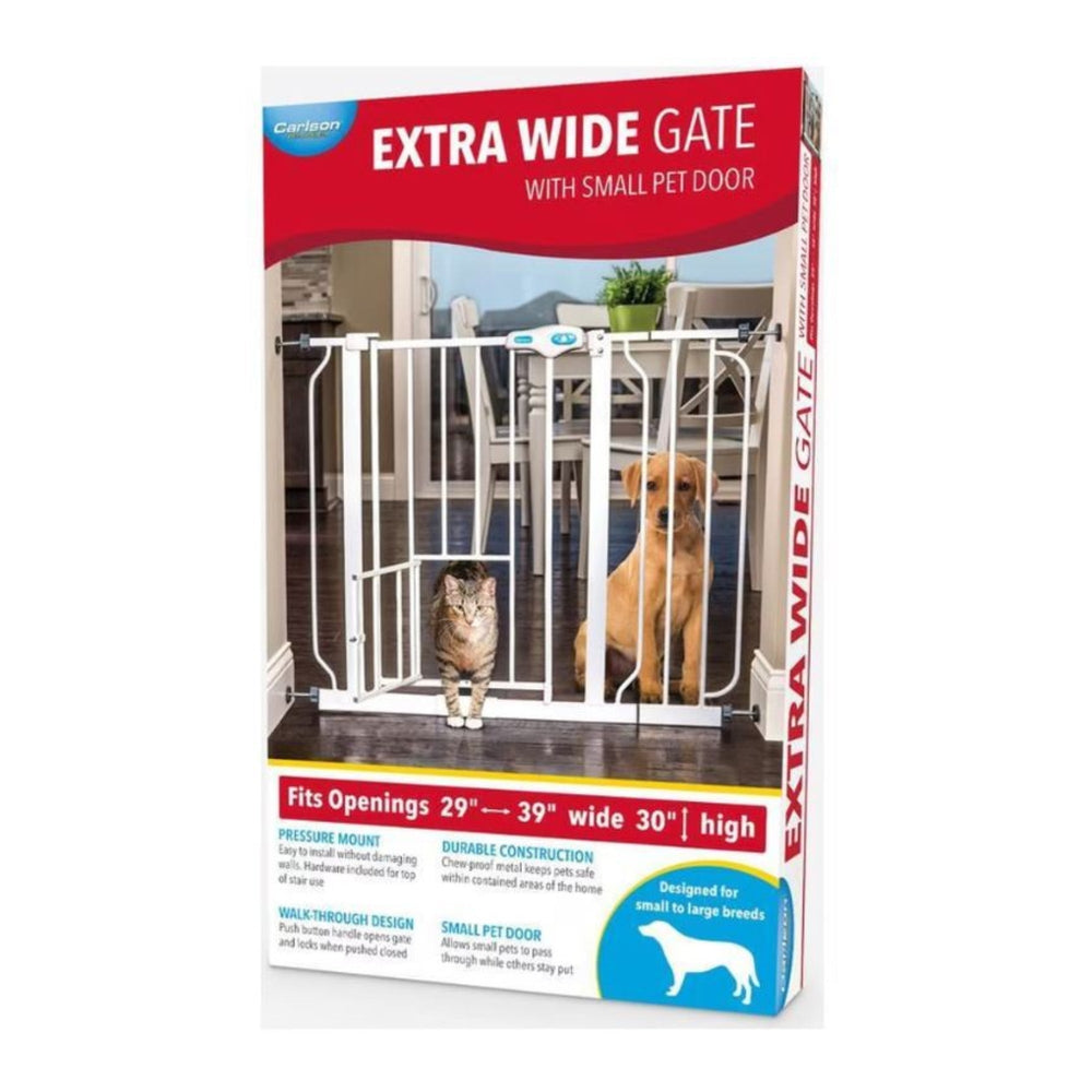 Carlson Extra Wide Pet Gate w/ Small Pet Door White 29-39 X 30in for your Pet Dog with Pet Store X.