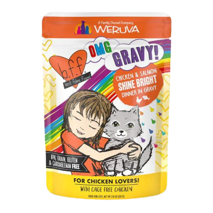 BFF Cat OMG Chicken and Salmon Shine Bright Chicken and Salmon Dinner in Gravy 28oz Pouch (Case of 12) for your Pet Cat with Pet Store X!