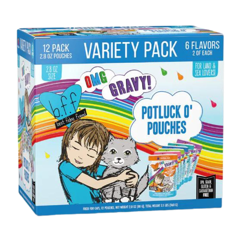 BFF Cat Omg Potluck O Pouches Variety Pack 28oz(Case of 12) for your Pet Cat with Pet Store X!