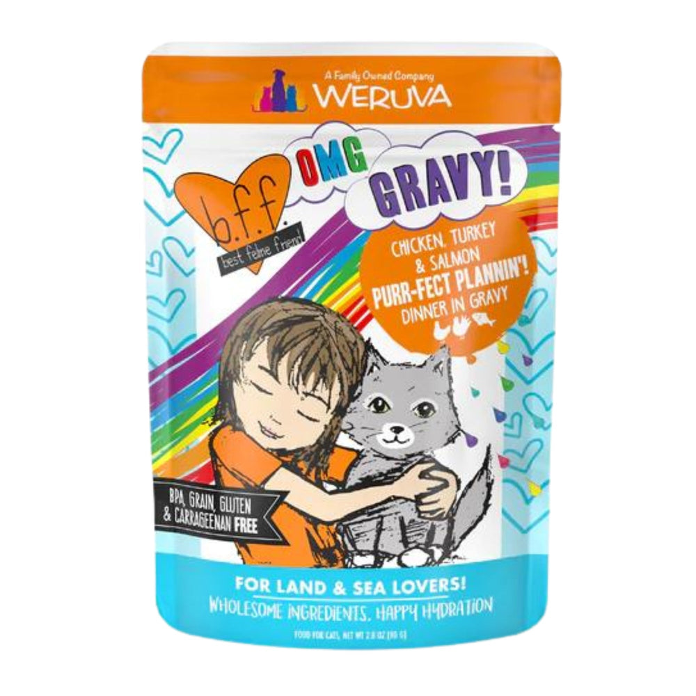 BFF Cat Omg Purr-Fect Plannin! Chicken; Turkey and Salmon Dinner in Gravy 28oz (Case of 12) for your Pet Cat with Pet Store X!