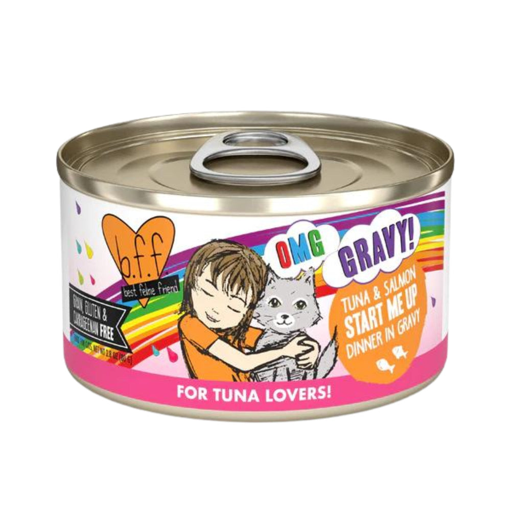 BFF Cat Omg Tuna and Salmon Start Me Up Dinner in Gravy 28oz (Case of 12) for your Pet Cat with Pet Store X!