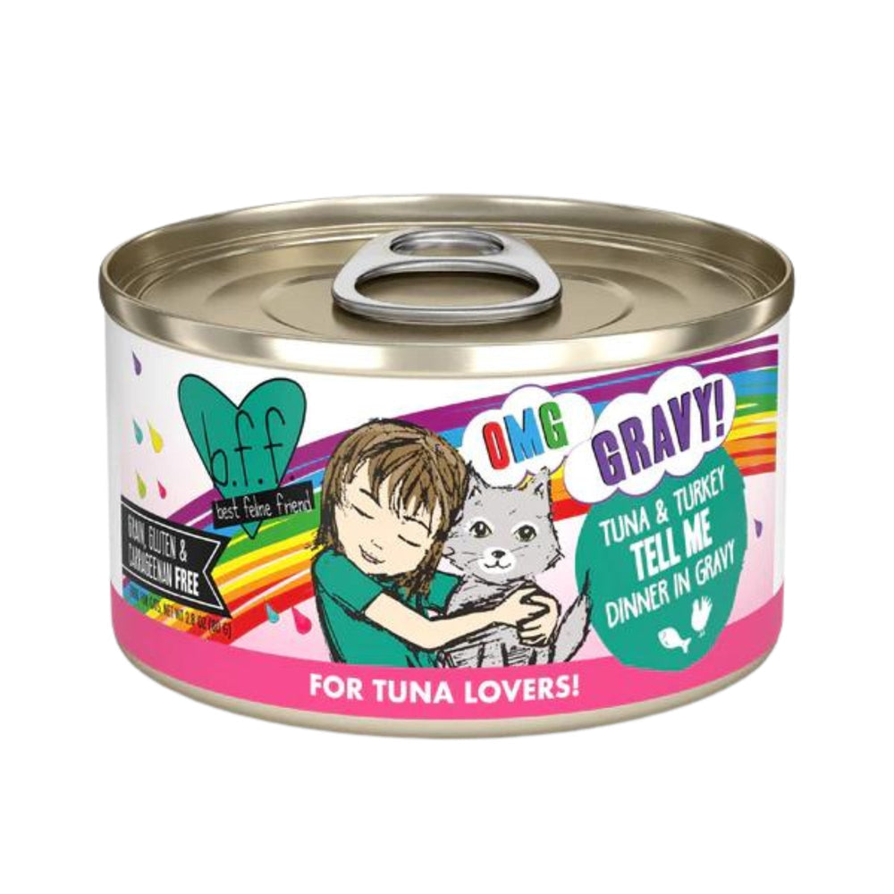 BFF Cat Omg Tuna and Turkey Tell Me Dinner in Gravy 28oz (Case of 12) for your Pet Cat with Pet Store X!