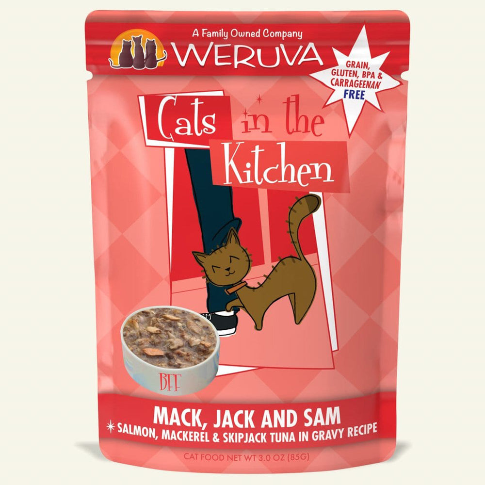 Cats In The Kitchen Mack, Jack & Sam Salmon, Mackerel & Skipjack Tuna in Gravy 3oz. Pouch (Case of 12) - Pet Store X