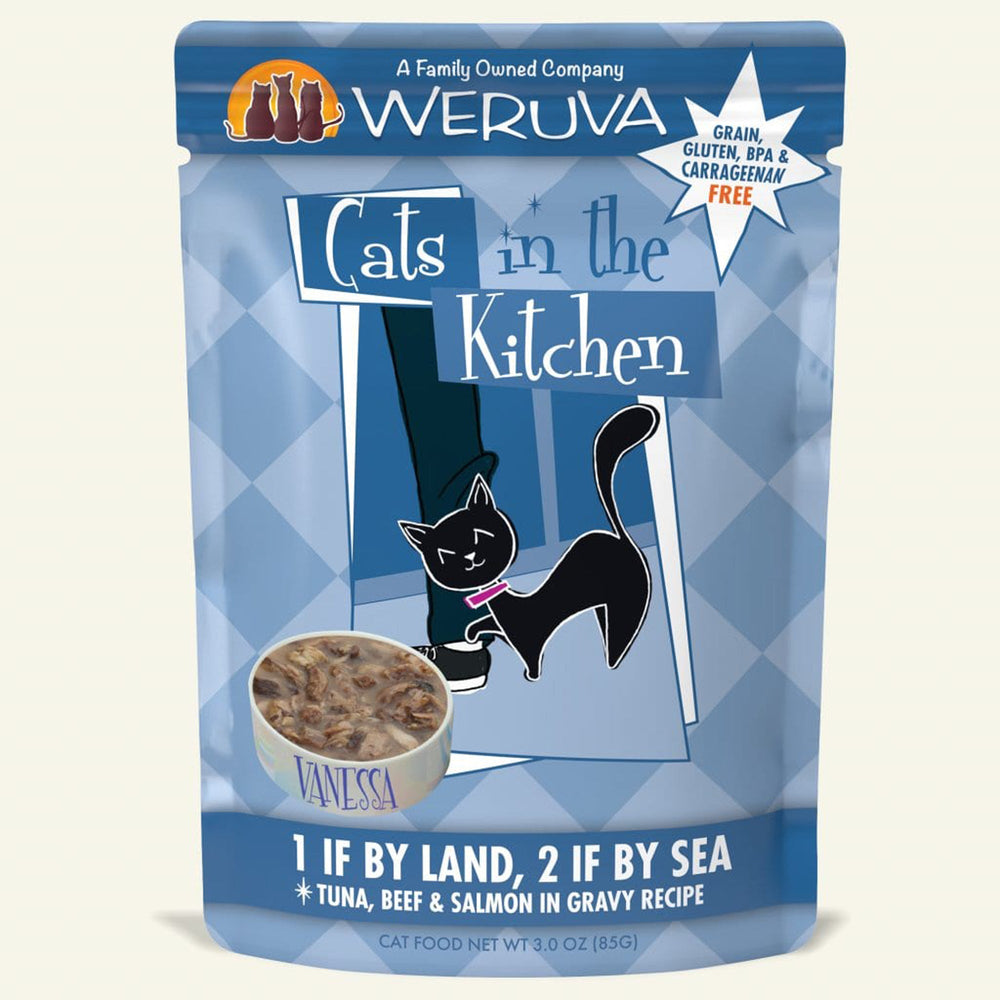 Cats in the Kitchen 1 if By Land, 2 if by Sea Tuna, Beef & Salmon in Gravy 3oz. Pouch (Case of 12) - Pet Store X