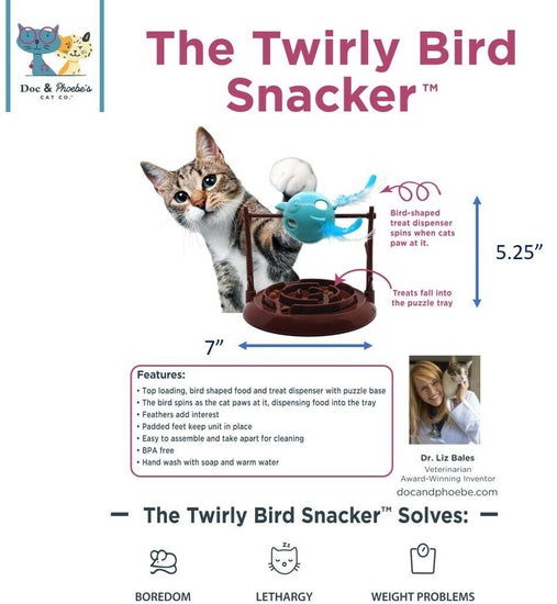 Doc and Phoebe Twirly Bird Cat Treat Dispenser Brown-Blue 5.25in - Pet Store X