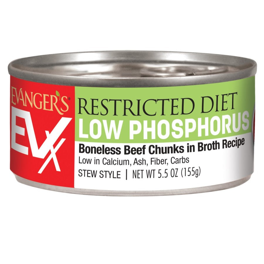 Evanger's EVx Restricted Diet Low Phosphorus Wet Cat Food Boneless Beef Chunks in Broth 24ea/55 oz, 24 pk for your Pet Cat with Pet Store X!