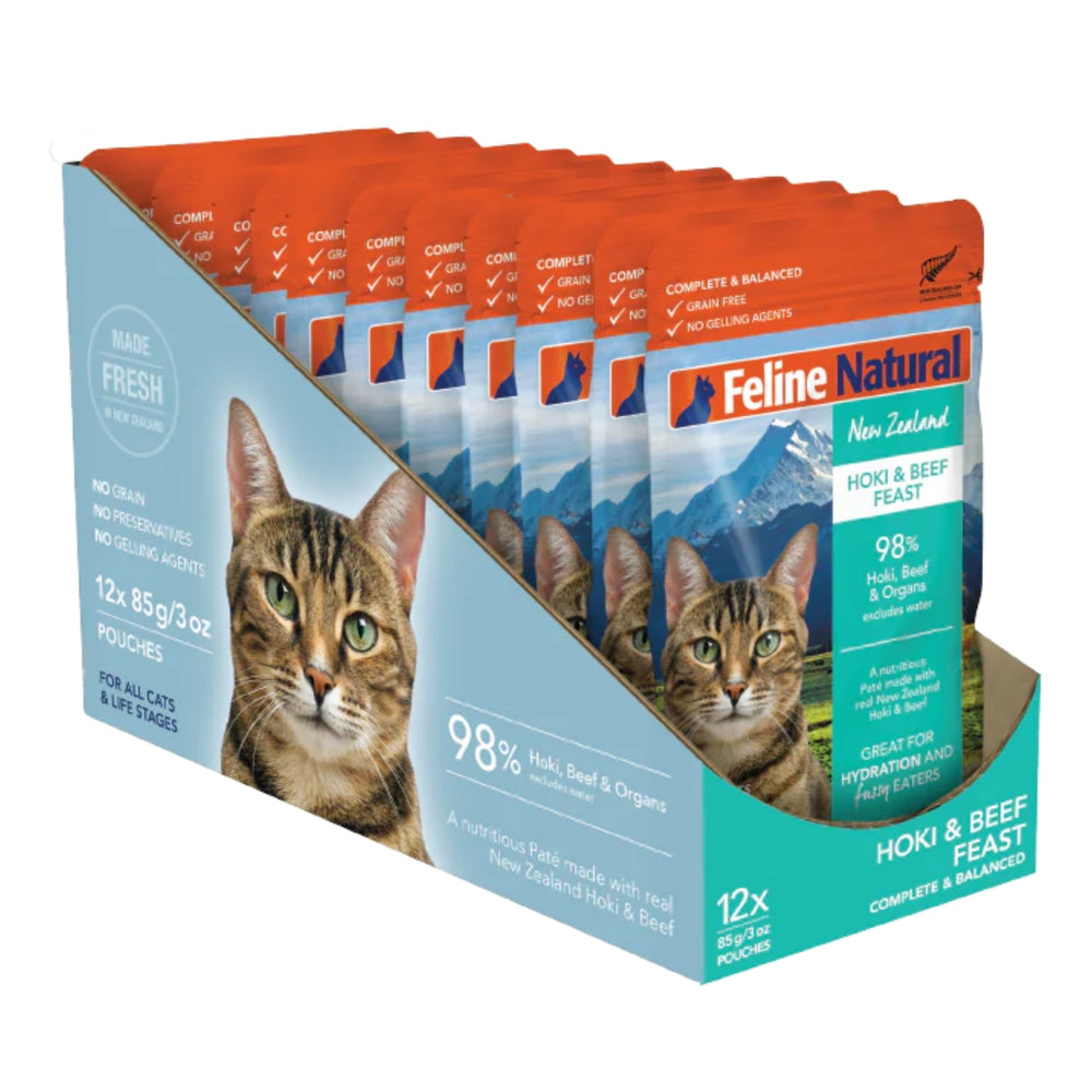 Feline Natural Cat Grain Free Hoki Beef 3oz. Pouch 12 Pieces (Case of 12) - Pet Store X