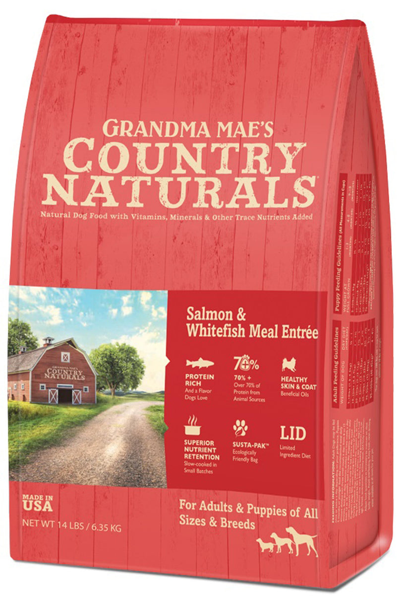 Grandma Mae's Country Naturals Dry Dog Food Salmon & Whitefish Meal 18ea/9 oz for your Pet Cat with Pet Store X!