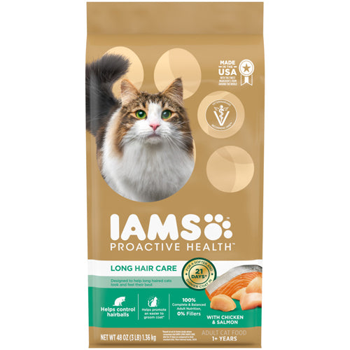 IAMS ProActive Health Adult Long Hair Dry Cat Food Chicken & Salmon 1ea/3 lb for your Pet Cat with Pet Store X!