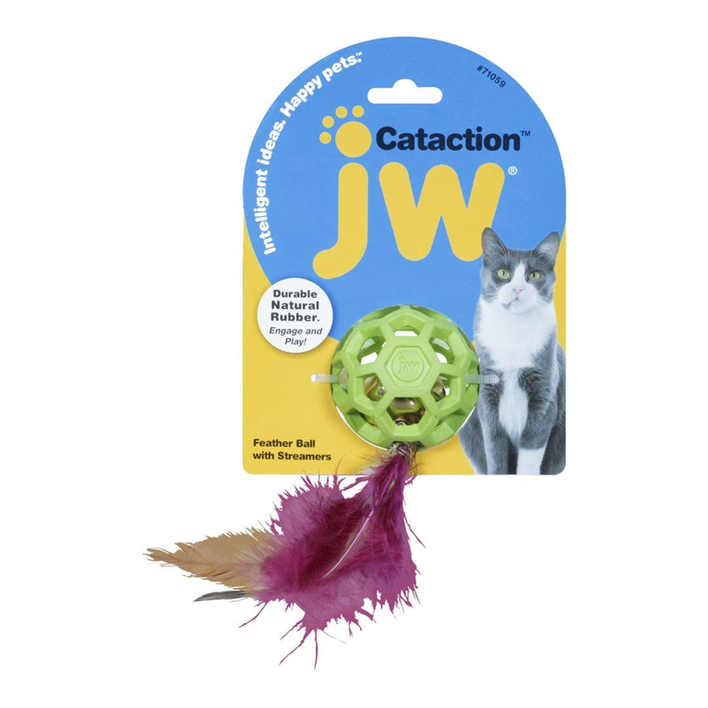 JW Pet Cataction Feather Ball with Bell Cat Toy Green 1ea/One Size - Pet Store X